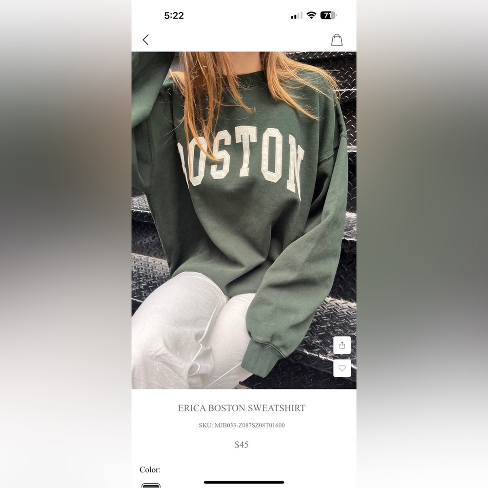 Brandy Melville Green Boston Sweatshirt